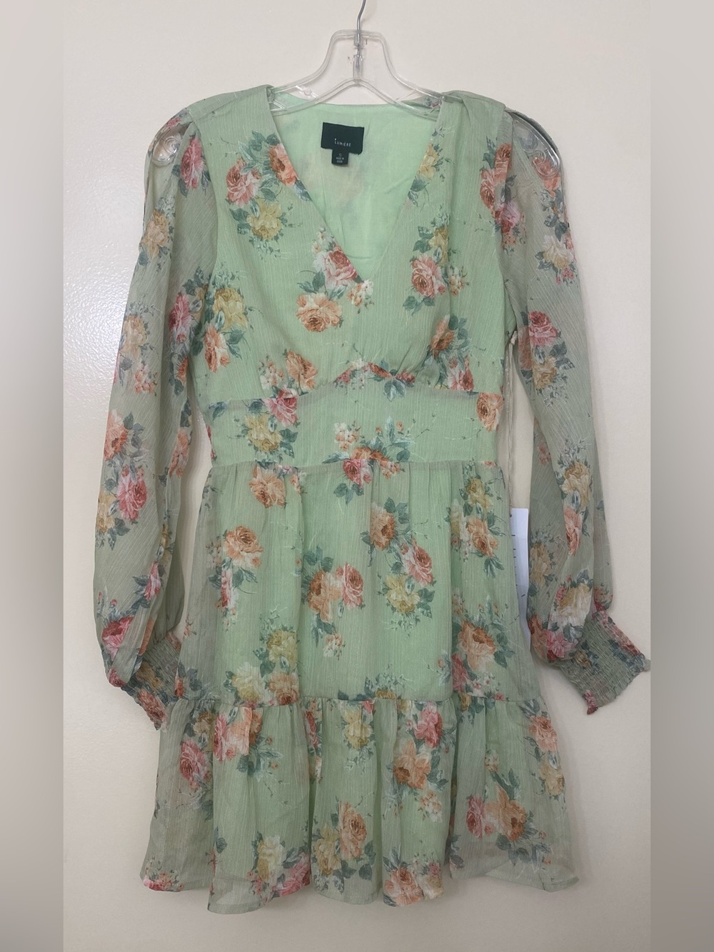 Floral V-Neck Green Mini Dress - Picture 5 of 7